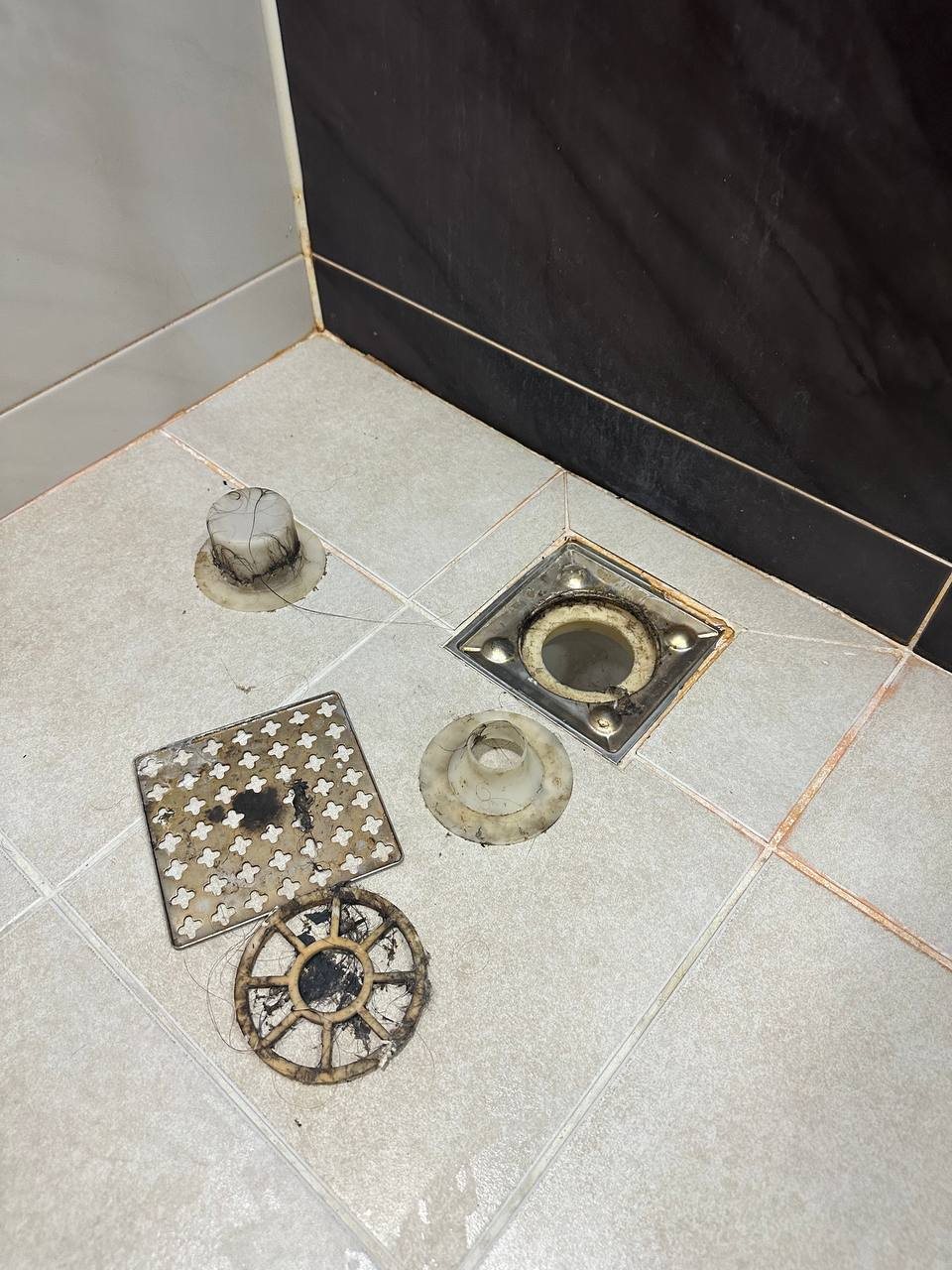 Shower drain parts before CLEANX cleaning